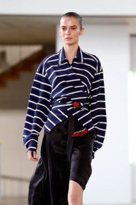 A model in stripes on the Preen SS15 catwalk
