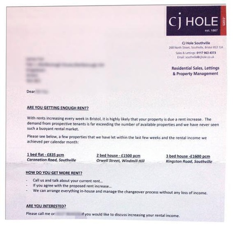 Letter to prospective landlord clients from letting agent CJ Hole Southville