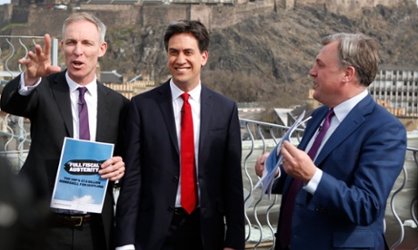 Jim Murphy, Ed Miliband and Ed Balls at a news briefing on the SNP's proposals of Full Fiscal Autonomy
