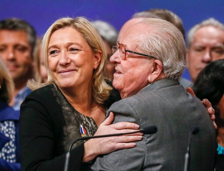 Marine Le Pen, leader of the Front National, embraces her father Jean-Marie at the party congress in Lyon, in November 2014.