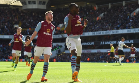 Christian Benteke of Aston Villa celebrates scoring the winning goal at Tottenham.
