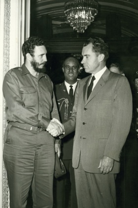 President Fidel Castro shakes hands with then US vice-president Richard Nixon in Washington on 21 April 1959, during a visit to the US soon after the Cuban revolution.