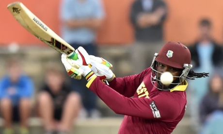 West Indies Chris Gayle plays a shot during the  match between the West Indies and Zimbabwe at The Manuka Oval in Canberra.