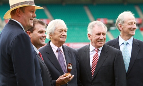 Tony Greig, Mark Taylor, Richie Benaud, Ian Chappell and Bill Lawry pose during the Channel Nine 2010/11 Ashes Series launch at the SCG.