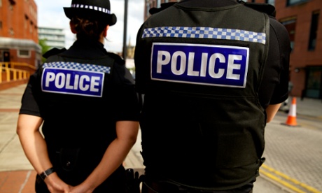 Police on duty as EDL supporters protesting outside the police station and council offices in Rotherham, South Yorkshire.  