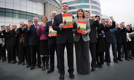 Gordon Brown shows off Labour's 2010  election manifesto in Birmingham.