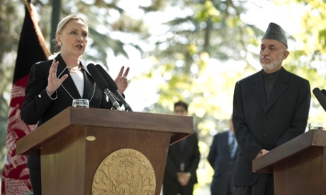 Hillary Clinton during the end of her period as US Secretary of State, speaking in July 2012 during a news conference with then-Afghan president Hamid Karzai in Kabul.