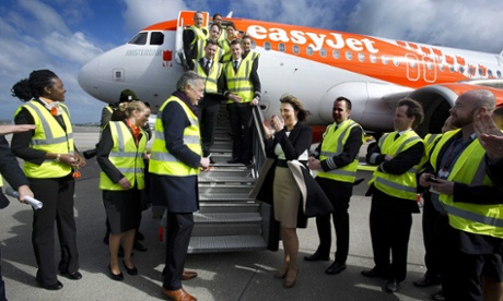 EasyJet CEO Carolyn McCall (centre) welcomes an aircraft at Schiphol airport, the Netherlands