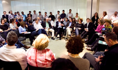 Alan Rusbridger chairs the Guardian editorial election meeting in the Scott Room at King’s Place, 23 April 2010.