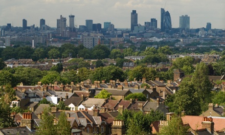 London suburban homes against a City skyline backdrop.