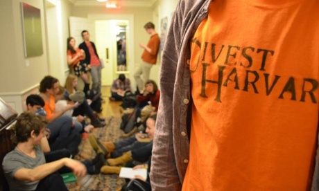 Harvard students sit in for fossil fuel divestment in February.