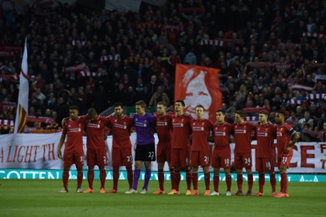 The Liverpool players observe a minute’s silence to commemorate the 26th anniversary of the Hillsborough disaster.