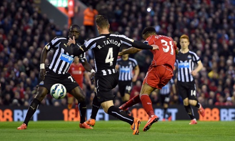 Raheem Sterling curls the ball into the net after receiving the ball from Henderson’s floated pass.