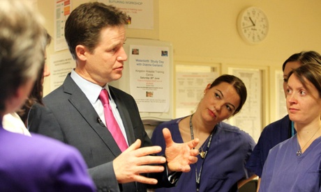 Nick Clegg talks to nurses in the maternity unit at Kingston hospital, Surrey, before the last election in 2010.