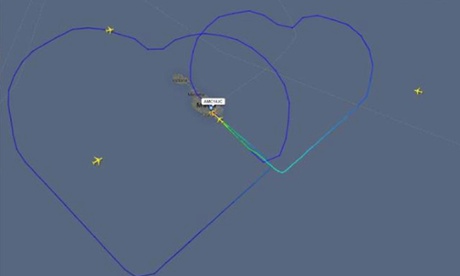 Air Malta newlyweds making heart signs in the air over Malta. 