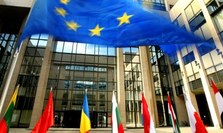 The flag of the European Union at the entrance of  European council headquarters in Brussels 