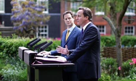 Nick Clegg and David Cameron speaking after the formation of the coalition government in 2010.