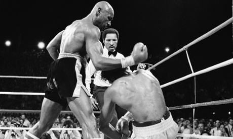 Hagler knocks Hearns down in the third round in Las Vegas.