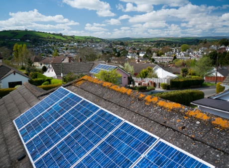 Solar panels on a roof in Totnes, Devon.