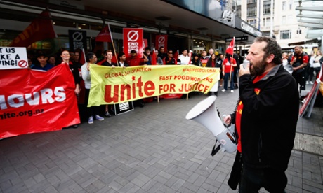 AUCKLAND, NEW ZEALAND - APRIL 15:  Protestors picket outside McDonalds in Britomart on April 15, 2015 in Auckland, New Zealand. McDonald's workers will join thousands of fast-food workers in an International Day Of Action protesting zero-hours contracts.  (Photo by Phil Walter/Getty Images)ConflictWar