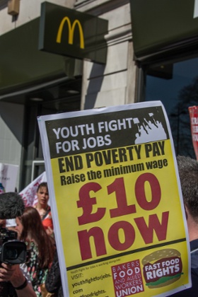 Protesters picketed the Marble Arch branch of Fast food giant McDonald's during the 'Hungry for Justice' global day of action organised by Fast Food Rights and campaigning for workers at the fast food giant to be paid a living wage. -- Protesters picketed the Marble Arch branch of Fast food giant McDonald's during the 'Hungry for Justice' global day of action organised by Fast Food Rights, campaigning for workers at the fast food giant to be paid a living wage.