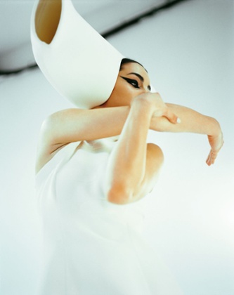 A Jasmin Vardimon dancer in a Stephen Jones costume