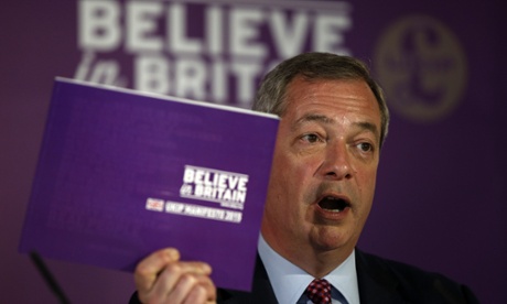 'Charity begins at home' … leader of the United Kingdom Independence Party (UKIP), Nigel Farage, launches the party's election manifesto.