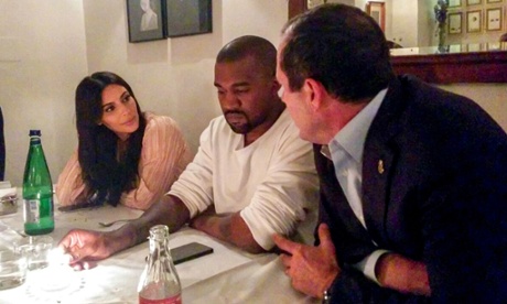 Kim Kardashian, Kanye West and Nir Barkat, mayor of Jerusalem, at Mona restaurant on Monday.