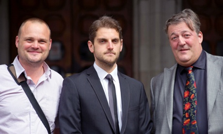 Paul Chambers (centre) and his celebrity defendants Al Murray and Stephen Fry.
