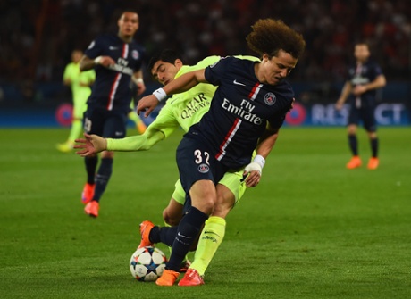 Luis Suarez dispossesses David Luiz after to much dillying and dallying from the PSG man.