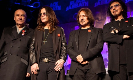 Musicians Bill Ward, Ozzy Osbourne, Geezer Butler and Tony Iommi (left to right) pose onstage during Black Sabbath Reunion Press Conference