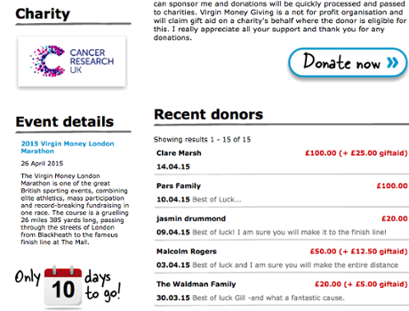Screenshot of fundraiser page