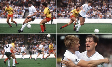 A composite picture showing Tottenham's Glenn Hoddle scoring his wonder goal against Watford, then celebrating with team-mate Garry Brooke.