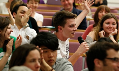 A student calls for more gripping media coverage of the environment during the Guardian Live climate change event. Photograph: Luke MacGregor guardianlive