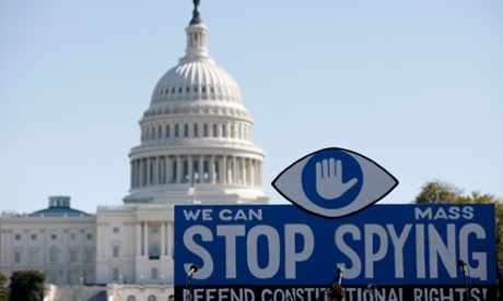 WASHINGTON D.C. - OCTOBER 26: A huge slogan board stands in front of the U.S. Capitol building during a protest against government surveillance on October 26, 2013 in Washington D.C.  Hundreds gathered here on Saturday demanding the U.S. Congress to investigate the U.S. National Security Agency (NSA) mass surveillance programs, ban blanket surveillance of telephone and Internet activity, and pursue accountability for any officials who misled lawmakers and the American people.   PHOTOGRAPH BY Xinhua /Landov / Barcroft Media  UK Office, London. T +44 845 370 2233 W www.barcroftmedia.com  USA Office, New York City. T +1 212 796 2458 W www.barcroftusa.com  Indian Office, Delhi. T +91 11 4053 2429 W www.barcroftindia.comAmericanCybergovernment surveillancePeopleProtestUnited StatesUS CapitolU.S. National Security AgencyWashington D.C.