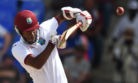 Kraigg Brathwaite gives a catch to Joe Root at short leg off fine bowling by Stuart Broad.