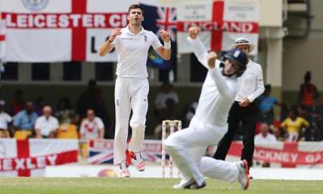 Joe Root nearly takes a catch off the bowling of James Anderson.