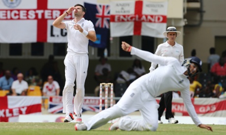 James Anderson reacts as Joe Root nearly takes a catch.