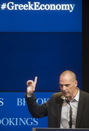 Greek Finance Minister Yanis Varoufakis speaks at the Brookings Institution in Washington, Thursday, April 16, 2015. (AP Photo/Kevin Wolf)