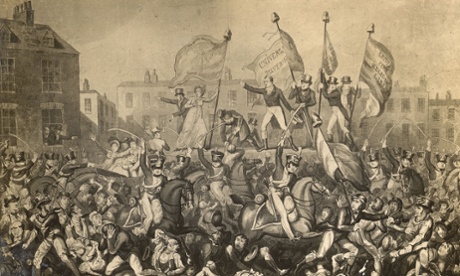 Yeomantry charging crowds during the Peterloo Massacre.