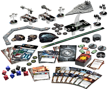 The contents of the Star Wars: Armada core set.