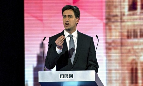 Labour leader Miliband during the televised leaders' debate in London