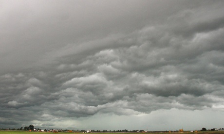 A storm front moves over Iowa.