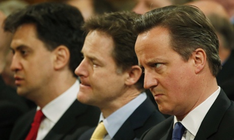Ed Miliband, Nick Clegg and David Cameron in Westminster