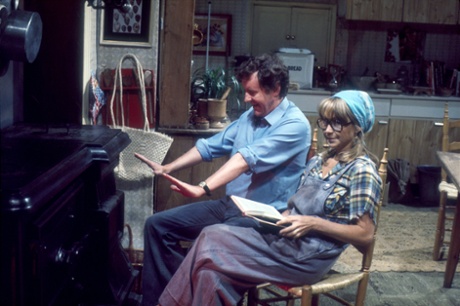 Barbara in dungarees on set