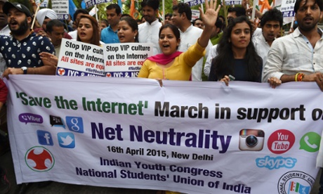 Activists of Indian Youth Congress and National Students Union of India shout anti-government slogans during a protest in support of net neutrality in New Delhi