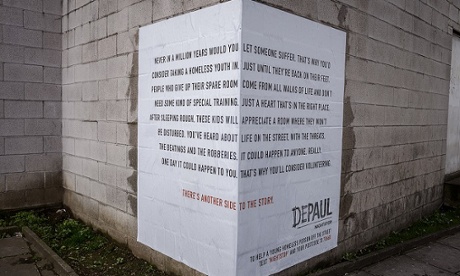 One of the posters promoting the Nightstop programme on a street corner in London.