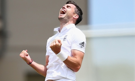 Jimmy Anderson of England celebrates claiming the wicket of Marlon Samuels.