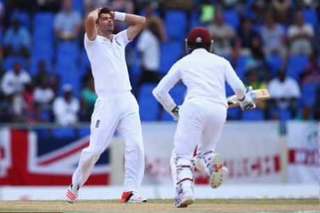 James Anderson shows his frustration as he looks to take the wicket that will beat Ian Botham’s Test record of 383; its not happening though in this latest spell.