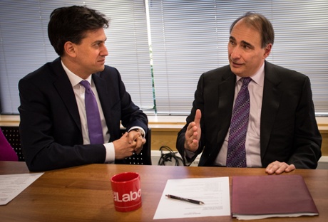 Labour leader Ed Miliband and David Axelrod talk at Labour party headquarters. ‘His resilience has become a great story in itself,’ Axelrod says. 